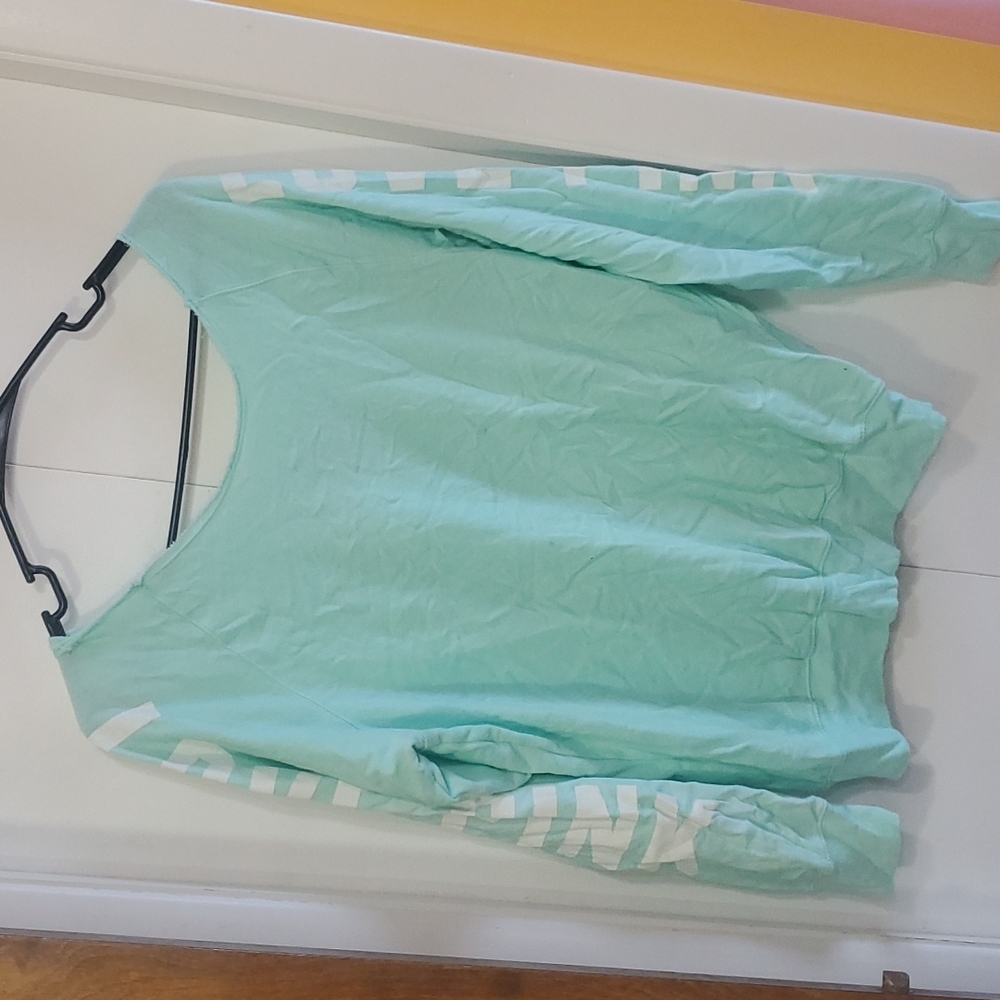 Victoria Secret PINK long sleeved wide neck shirt. Teal.